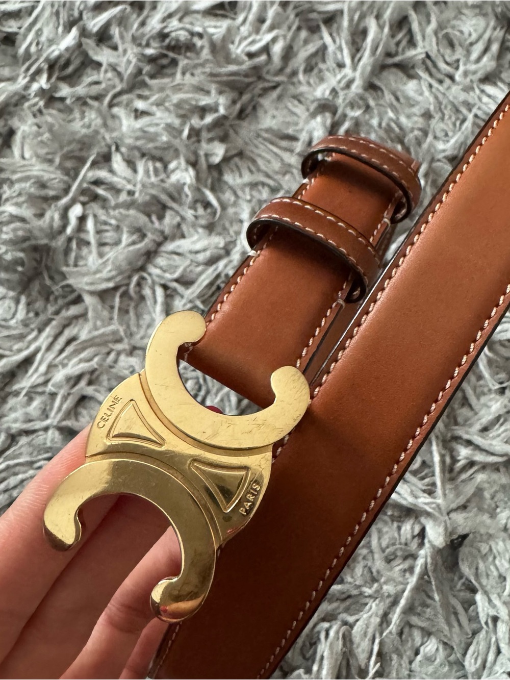 Celine Tan Leather Belt with Gold Logo Buckle - Picture 3 of 8